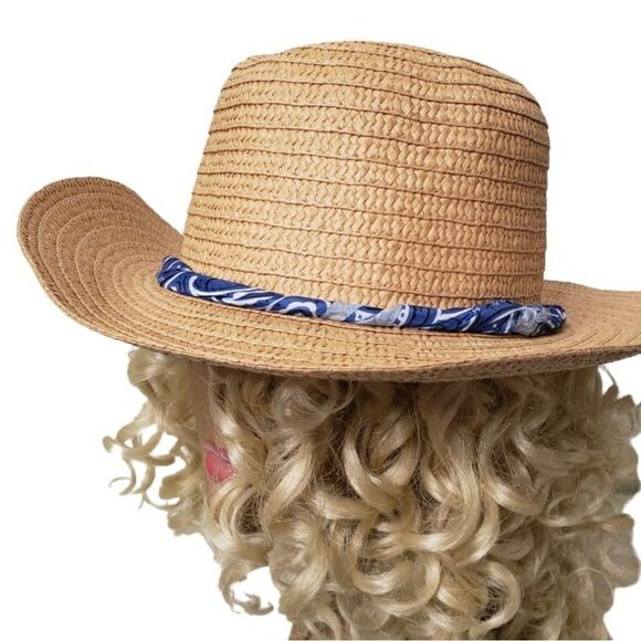 Paper Sun Hat w/Blue and White Hat Band - Picture 1 of 8
